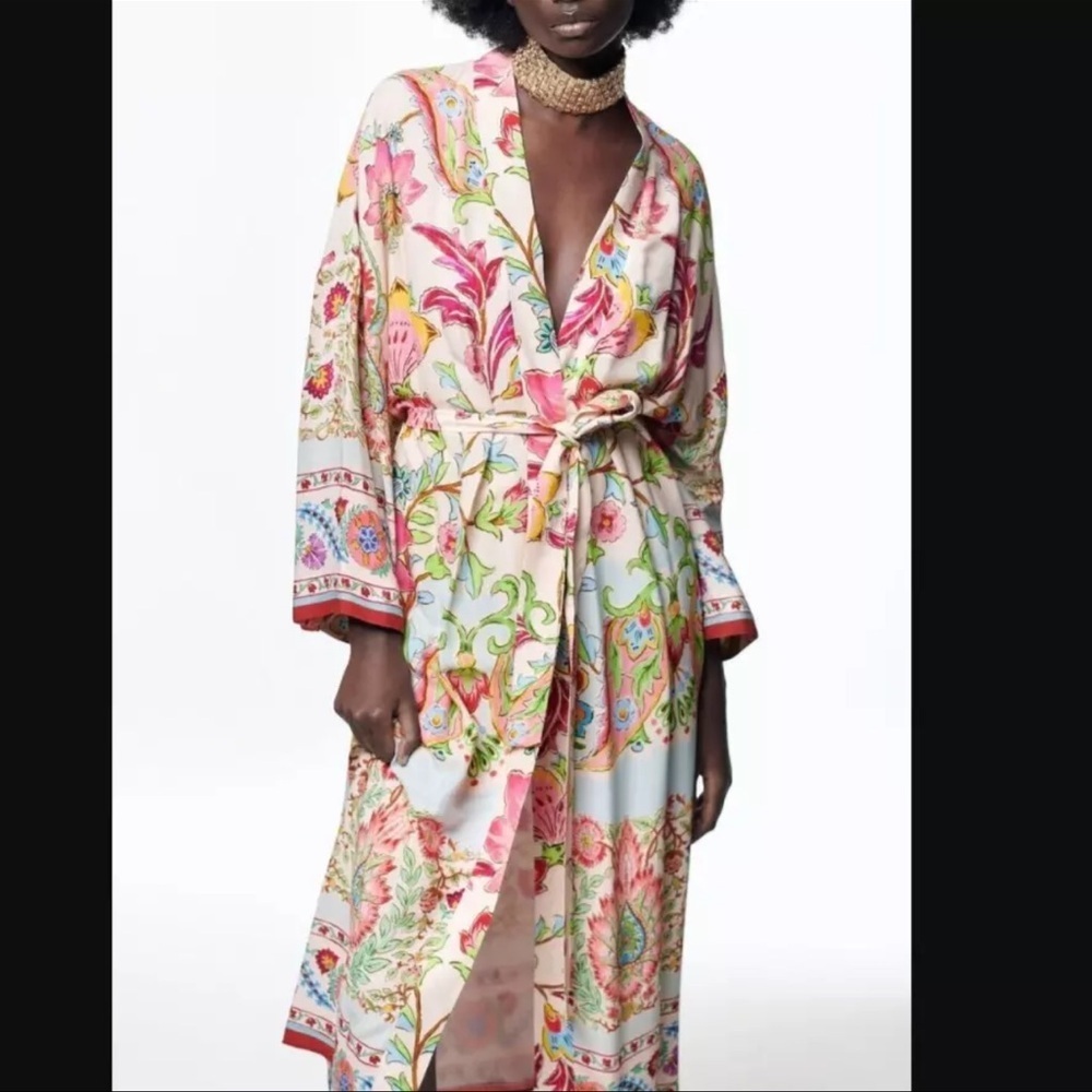Zara floral white red kimono blogger‎ robe duster jacket size S New with Tags 🟢 - Picture 3 of 12
